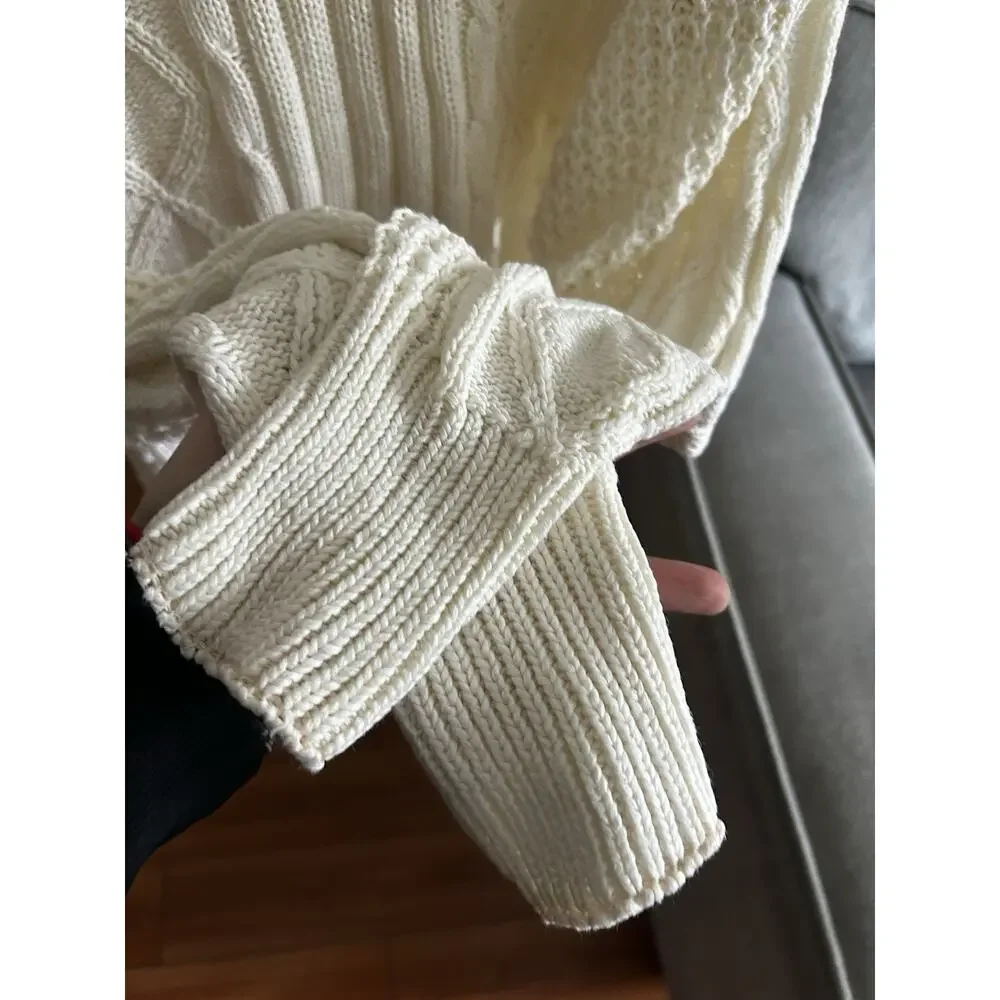Vtg Fisherman Sweater Men's M Cream Oversized Cable Knit Chunky Pullover 90s